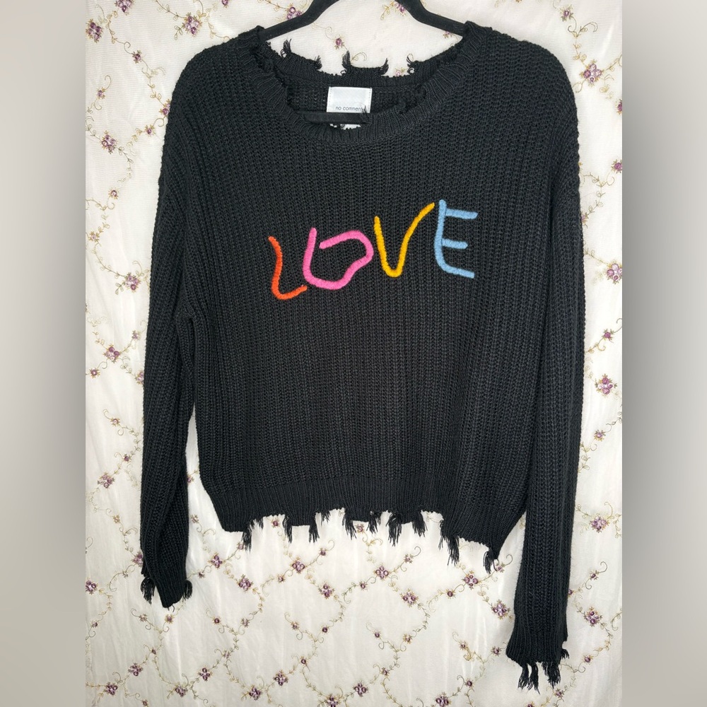 LOVE Distressed Black Knit Sweater with Multicolor Embroidery
